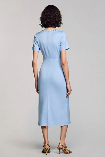 Sky Blue Sheath Square Neck Midi Dress